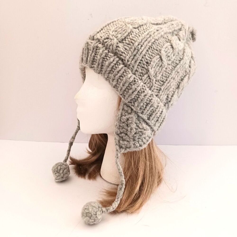 Tejidos Los Andes Gray Wool Handknit Sherpa Hat w Earflaps Fleece Lined Unisex